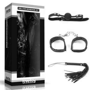 Kit Bondage Luxo 3 Peças – Mordaça, Algemas e Chicote Lovetoy para Fetiche, Prazer e BDSM