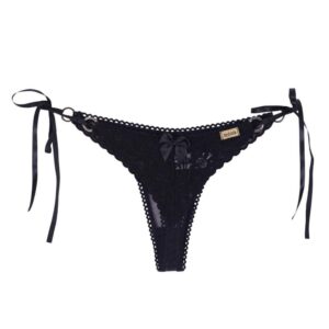 Calcinha Tô Cansada Fio Dental em Renda com Laço e Fitas Regulatórias – Tanga Sexy e Confortável