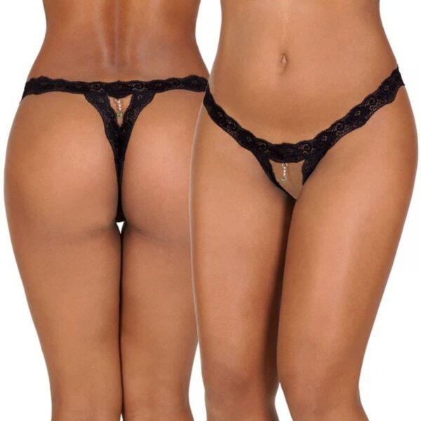 Tanga Aberta com Biju Lace Crotchless Gstring - Sexy, Atóxica, Preto e Vermelho, Tamanho Único, Sensual e Confortável