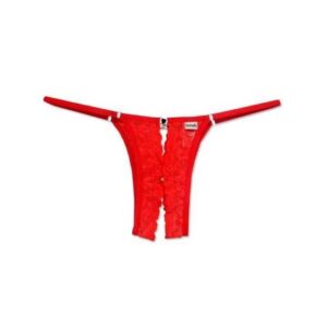 Calcinha de Renda Aberta com Bijus e Regulagem – Tanga Sexy com Abertura Frontal