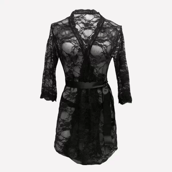 Robe em Renda Preto com Mangas + Calcinha Fio Dental Ajustável – Elegância, Conforto e Sensualidade em Lingerie Luxuosa