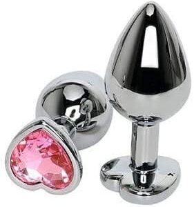 Plug Anal em Metal com Joia Rosa em Formato de Coração – Tamanho M para Conforto e Elegância