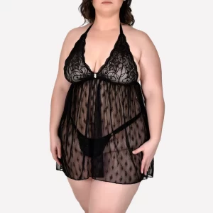 Camisola Plus Size em Tule e Renda com Transparência Preto – Sensual, Regulagem e Conforto